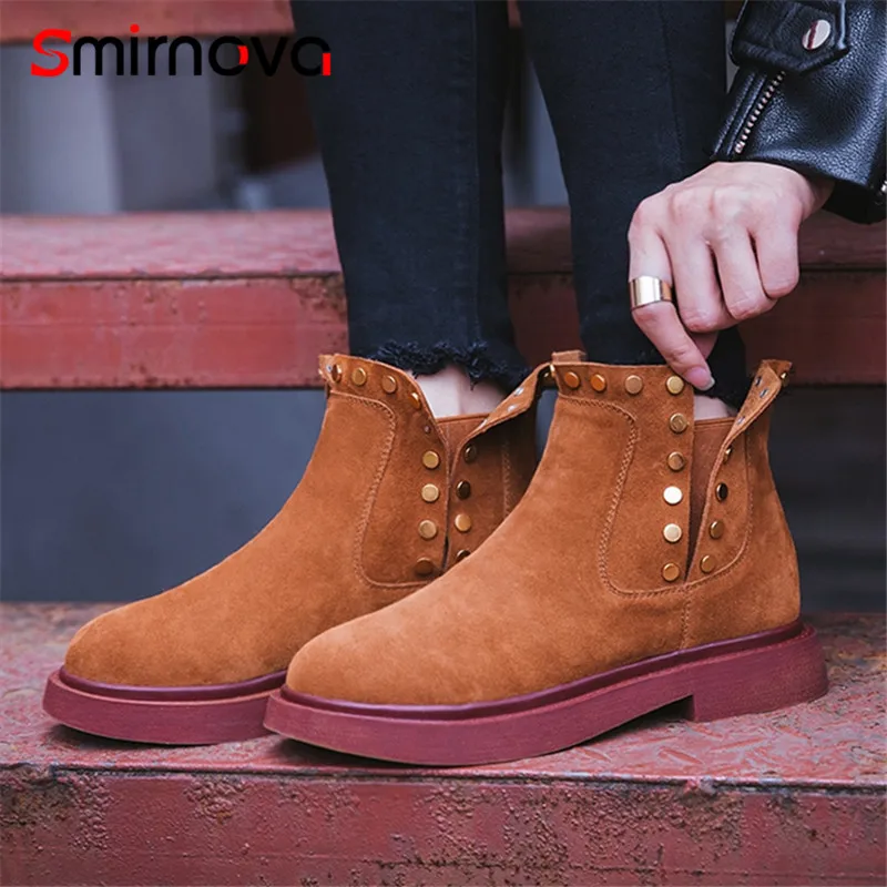 

Smirnova new fashion 2018 winter women boots platform suede leather boots round toe med heels ankle boots slip on female shoes