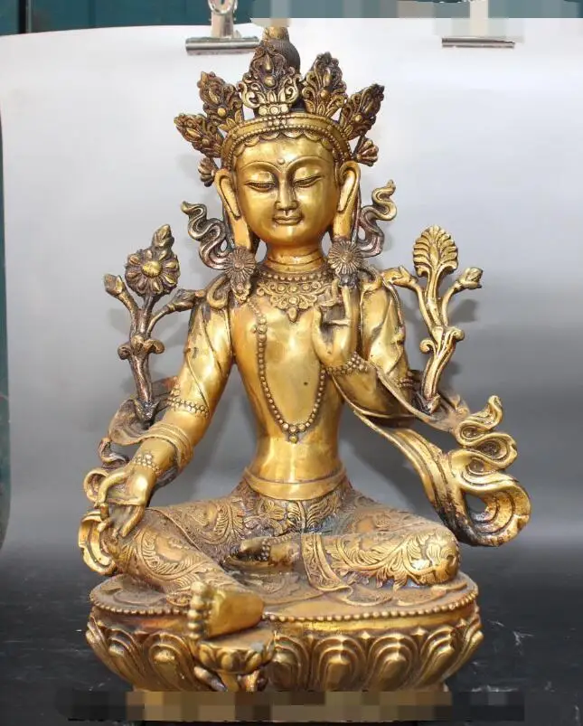 

S02024 Tibet Buddhism Religion Bronze Gild Seat Lotus Green Tara Kwan-Yin Buddha Statue