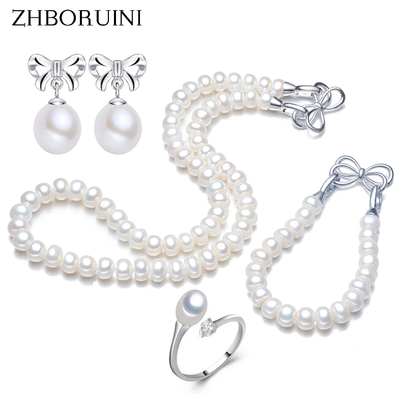 ZHBORUINI 2018 Necklace Pearl Jewelry sets Natural Pearls 925 Sterling Silver Bow Necklace Earrings Bracelet Ring For Women Gift ZHBORUINI 2018 Necklace Pearl Jewelry sets Natural Pearls 925 Sterling Silver Bow Necklace Earrings Bracelet Ring For Women Gift