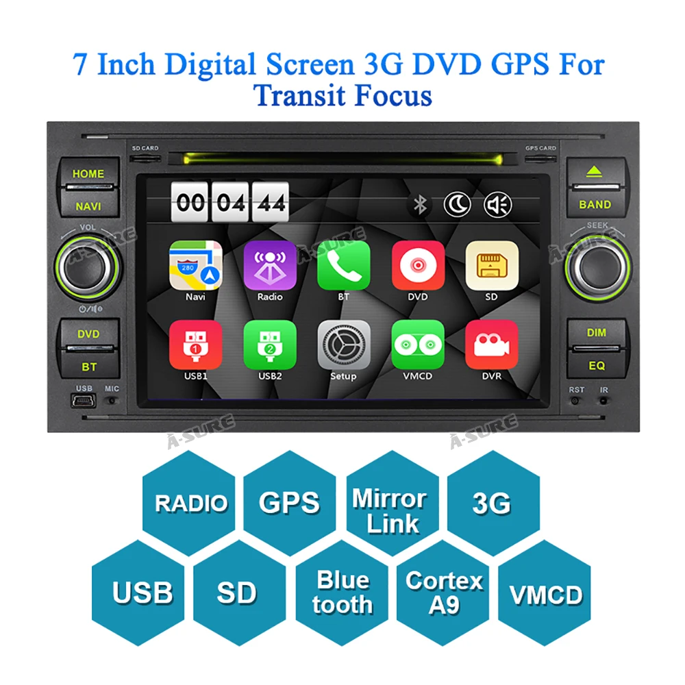 Sale A-Sure 2 Din Car Auto Radio GPS DVD Player Navigation For Ford Transit Focus Galaxy S-Max C-Max Fusion Fiesta SWC Bluetooth DVD 1