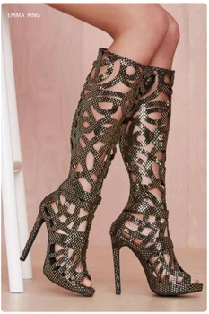 

Botas Mujer 2018 Summer Knee High Boots Peep Toe Hollow Out Sandals Women Shoes Sexy Fretwork Zapatos De Mujer Thin High Heels