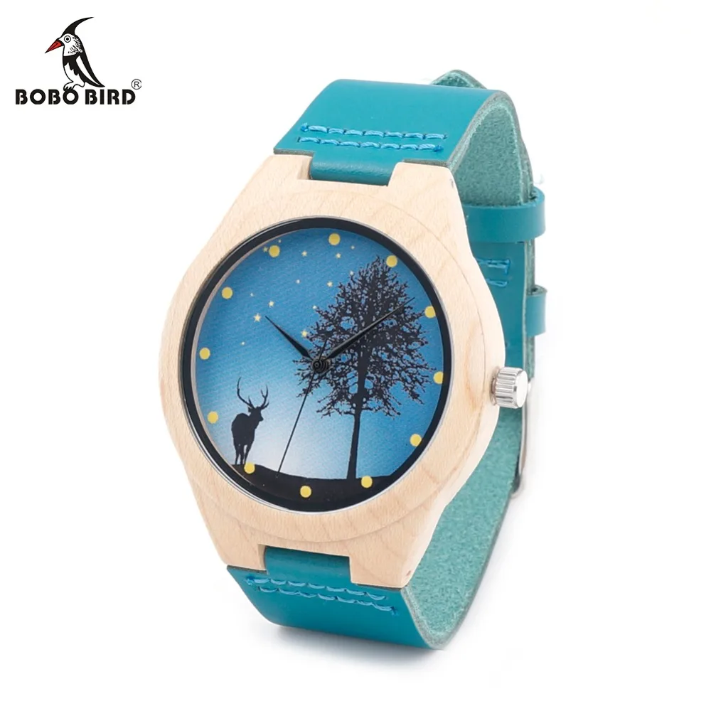 

BOBO BIRD F19 Wooden Maple Case Watches Design with Full Deer Dial Real Leather Quartz Blue Style Watch in Gift Box