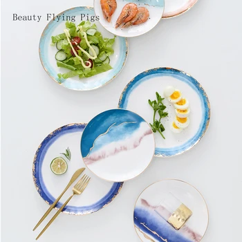 

Nordic light luxury style ceramic western dishes steak plate banquet plate home salad plate dessert plate cloud gold pattern