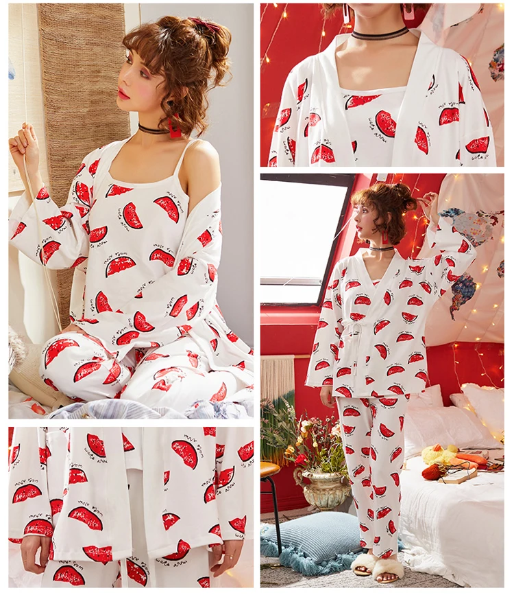 Новый осень-зима 100% хлопок теплый Для женщин пижамы комплекты из 3 предметов дамы пижамы для отдыха удобные мягкие Женское ночное белье