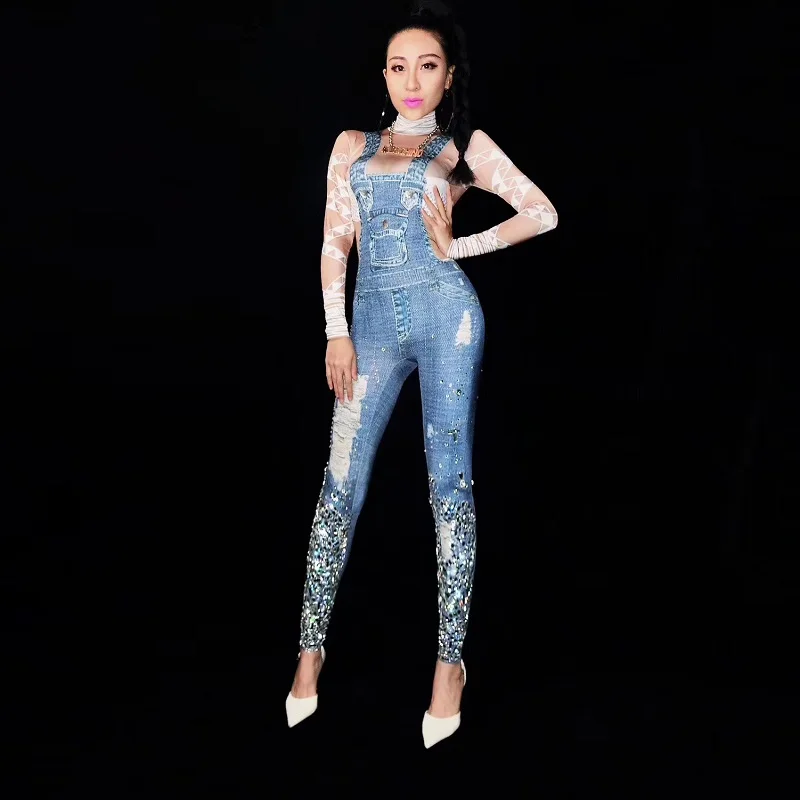 

Printed Stretch Fake Jeans Rhinestones Jumpsuit Elegant Ladies Stunning Party Clothing Bright Diamonds Prom Fake Denim Coveralls