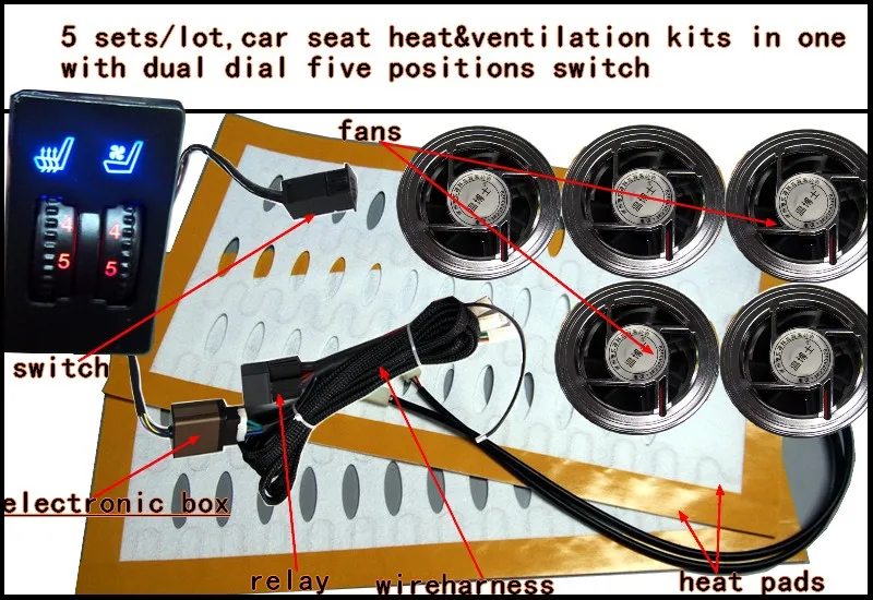 5sets/lot,5 fans/set,car seat heater&ventilation kits with five