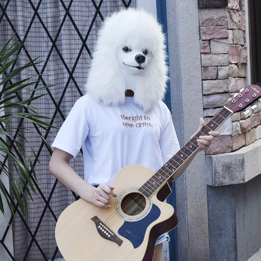 

Christmas White Poodle Dog head Party Mask Latex With Further Animal Cosplay Fancy Dress Masks Adult Funny Costume Props