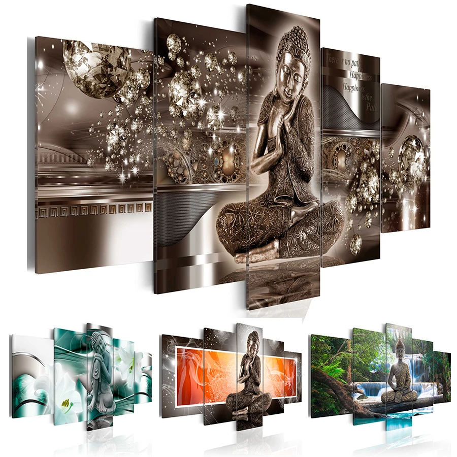 

Landscape Waterfall Diamond Painting Buddha Religion Art Gifts Room Decor Diamond Mosaic Embroidery 5 PCS Multi-picture