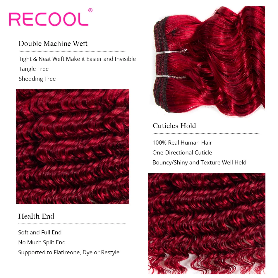 Recool Hair Red Deep Bundles With Closure Brazilian Deep Wave Human Hair Weave Bundles With Closure Remy No Tangle