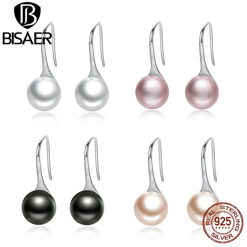 BISAER, Настоящее серебро 925 пробы, элегантный круглый искусственный жемчуг, серьги-капли для женщин, хорошее ювелирное изделие, Brincos ECE037