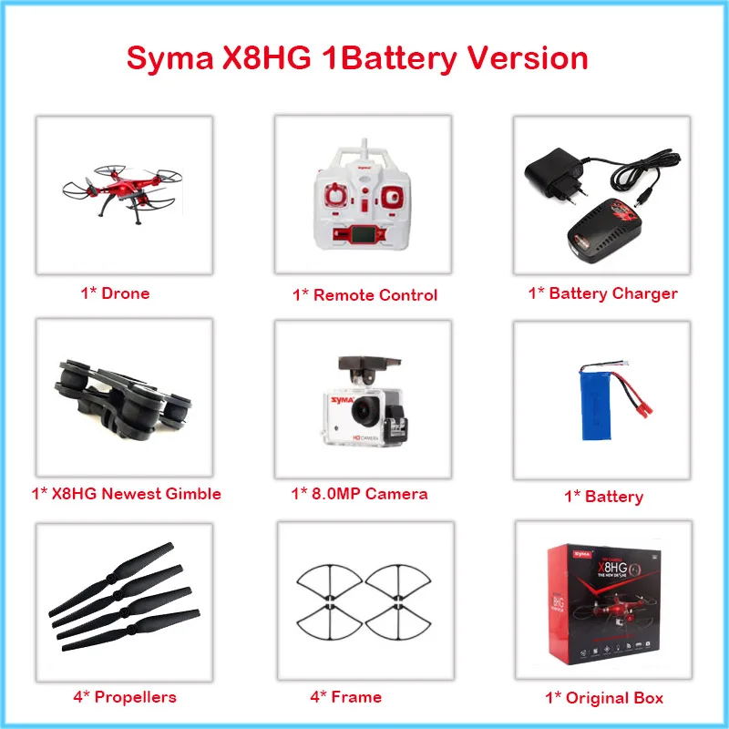 Syma X8HG RTF RC дроны Квадрокоптер с 8.0MP 1080 P камера HD, автоматический режим высокого давления воздуха без головы VS X8 PRO - Цвет: X8HG Red 1Battery