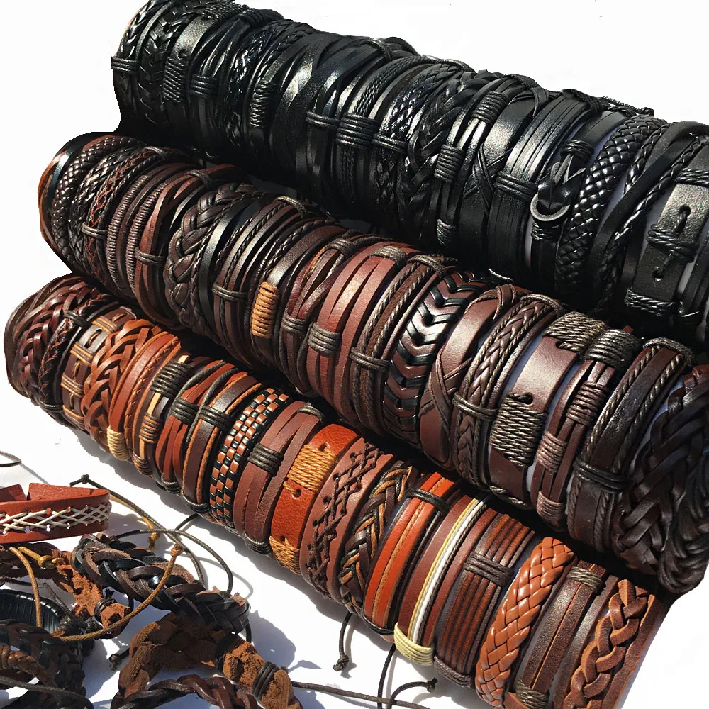 

Wholesale 10PCS/lot (Random 10pcs ) Mix Styles Braided Bracelets Or 6pcs Leather Bracelets For Men Wrap Bangle Party Gifts MX5