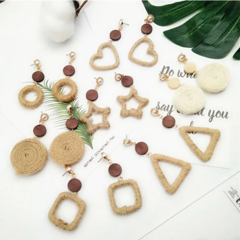 

Multiple 7 Style Korea Handmade Wooden Straw Weave Rattan Vine Braid Drop Earrings New Fashion Geometric Long Earrings For Women