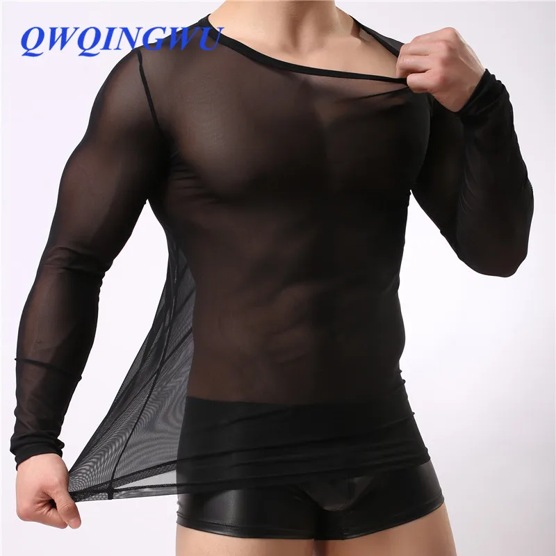 

Man Undershirts Gay Nylon Mesh See Through Sheer Long Sleeves T Shirts Male Sexy Compression Navy Shirts Underwear Undershirt