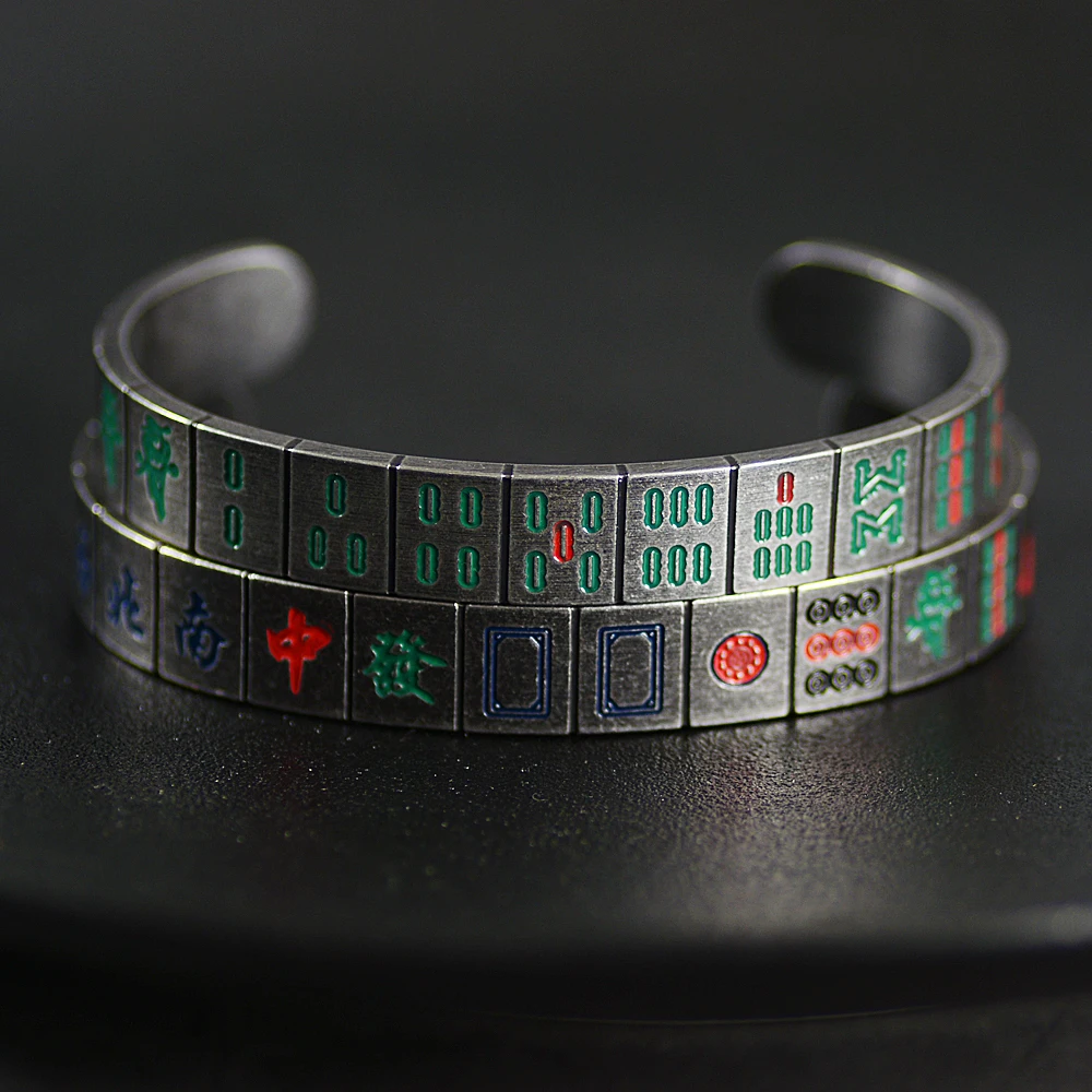 

New Arrival Retro Vintage Titanium steel Cuff Open bangles Chinese Style Mahjong Men Bracelet Antique Colorful Character Bangles