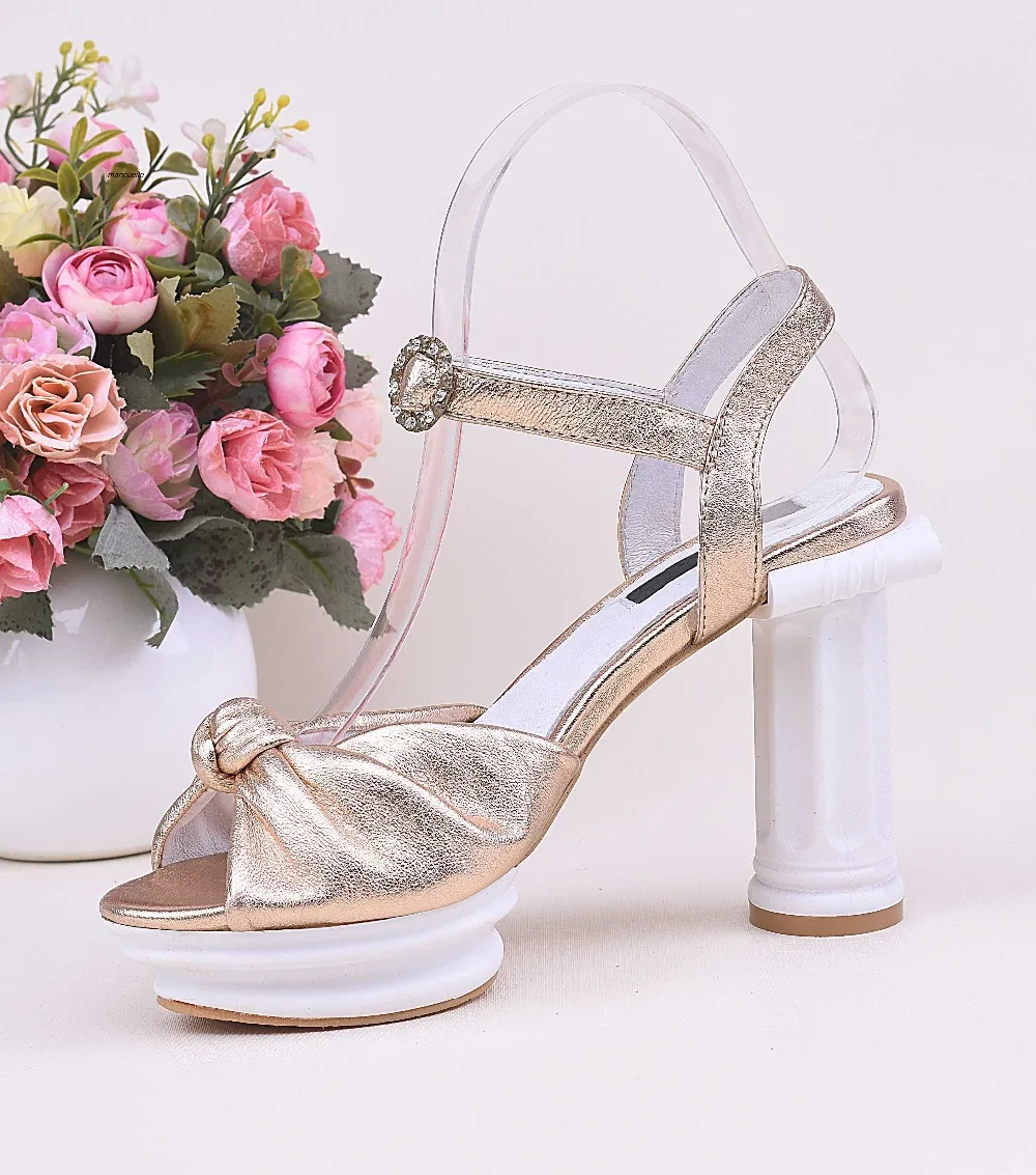 

Cute Butterfly-knot Peep Toe Platform Sandals Unique Marble Pillar Shape Block Heel Line Buckle Dress Sandals Trend Fashion Shoe