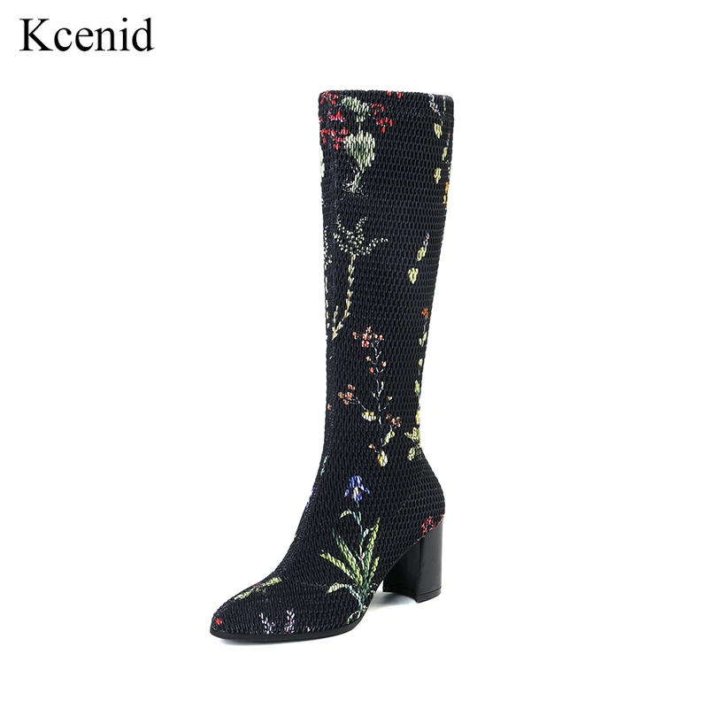 

Kcenid Floral print fashion sock women booties stretch pointed toe high heels long boots fashion botas mujer slip on shoes woman