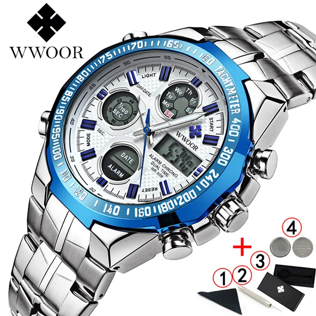 silver blue box WWOOR Relogio Masculino золотые мужские наручные часы золотые мужские s часы лучший бренд класса люкс светодиодный цифровой водонепроницаемый мужские часы - Цвет: silver blue box
