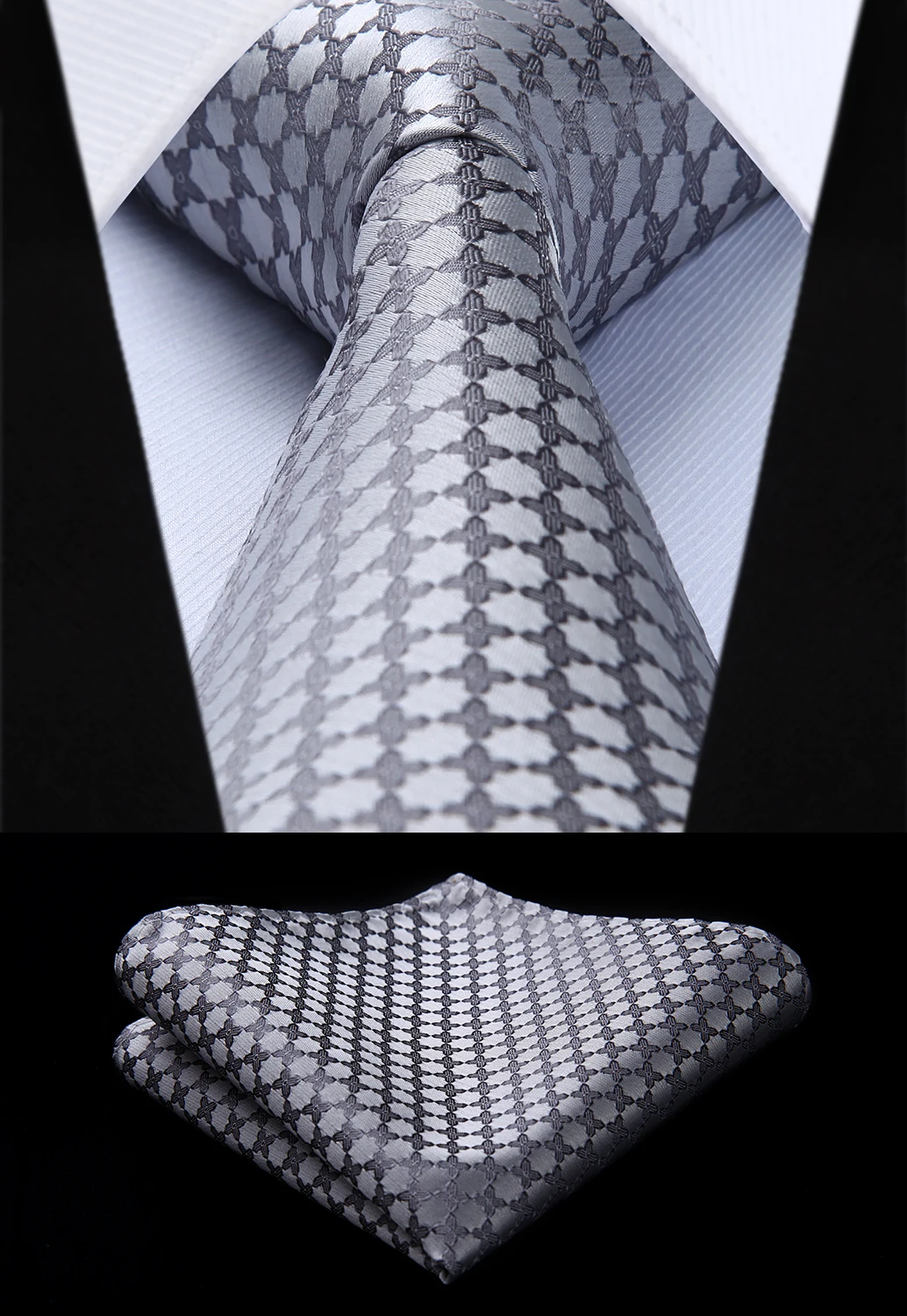

Silver Check 3.4" Silk Tie Party Wedding Handkerchief Set New#TF610A8S Woven Classic Tie Necktie