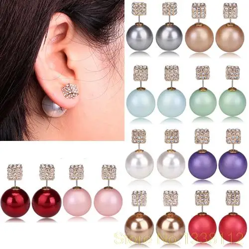 

2018 Womens Ladies Double Sides Faux Pearls Square Rhinestones Ear Studs Creative Earrings