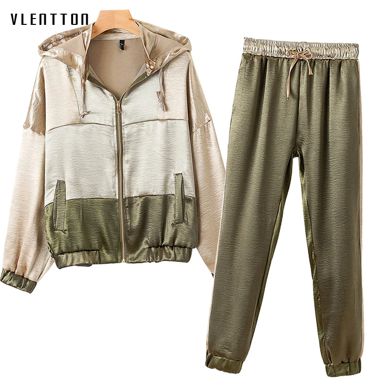 

2019 New Tracksuit For Women 2 Piece Set Solid Long Sleeve Spliced Hooded Baseball Jacket+Jogging Sports Pant Suits Casual Sets