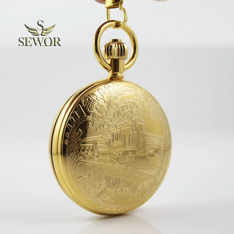 

SEWOR 2019 Top Luxury Brand Fashion noble gold steam locomotive pattern double open star Tourbillon Moon phase pocket watch C207