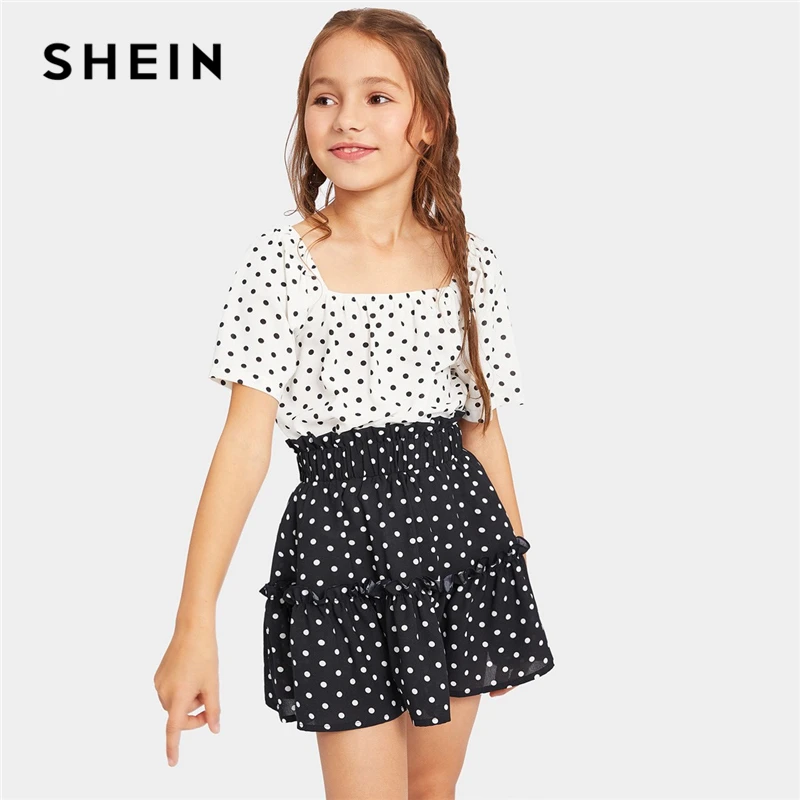SHEIN Kiddie Polka Dot Top And Frill Tiered Skirt Girls Clothes 2019 Summer Korean Style Short Sleeve Teenager Girl Clothing Set SHEIN Kiddie Polka Dot Top And Frill Tiered Skirt Girls Clothes 2019 Summer Korean Style Short Sleeve Teenager Girl Clothing Set