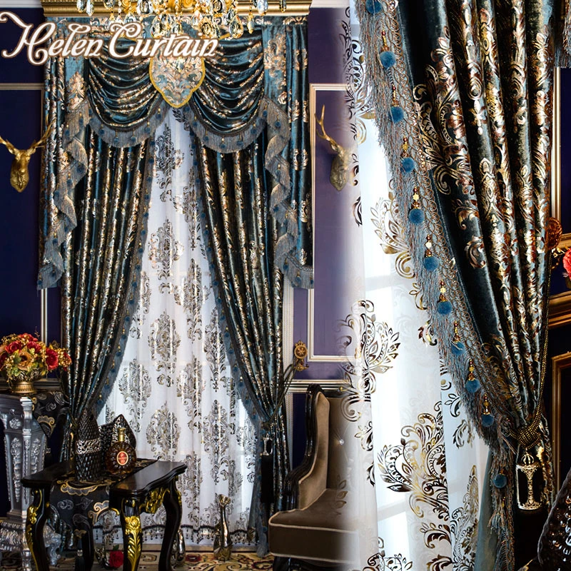 Helen Curtain Set European Luxury Curtains With Valance For Living Room Curtain Set Bronzing Blue Curtains Ready Made 051 Luxury Curtains Luxury Curtains With Valancecurtains With Valance Aliexpress