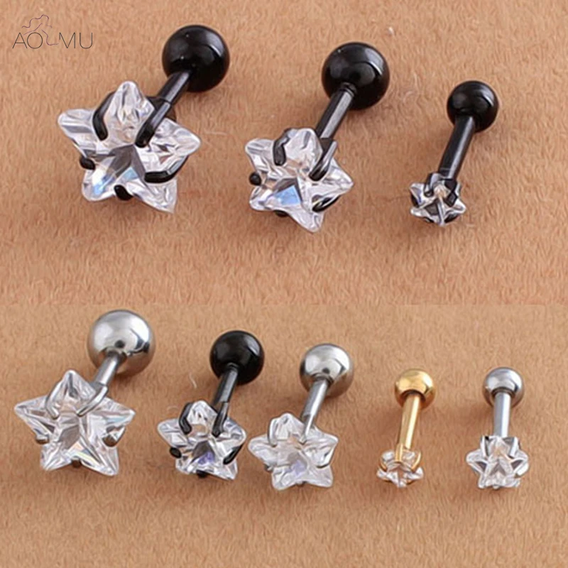 

AOMU 2pcs/lot Star Prong set Zircon Ear Cartilage Piercing Tragus Helix Studs Piercing Body Jewelry 16g Stianless Steel Earrings
