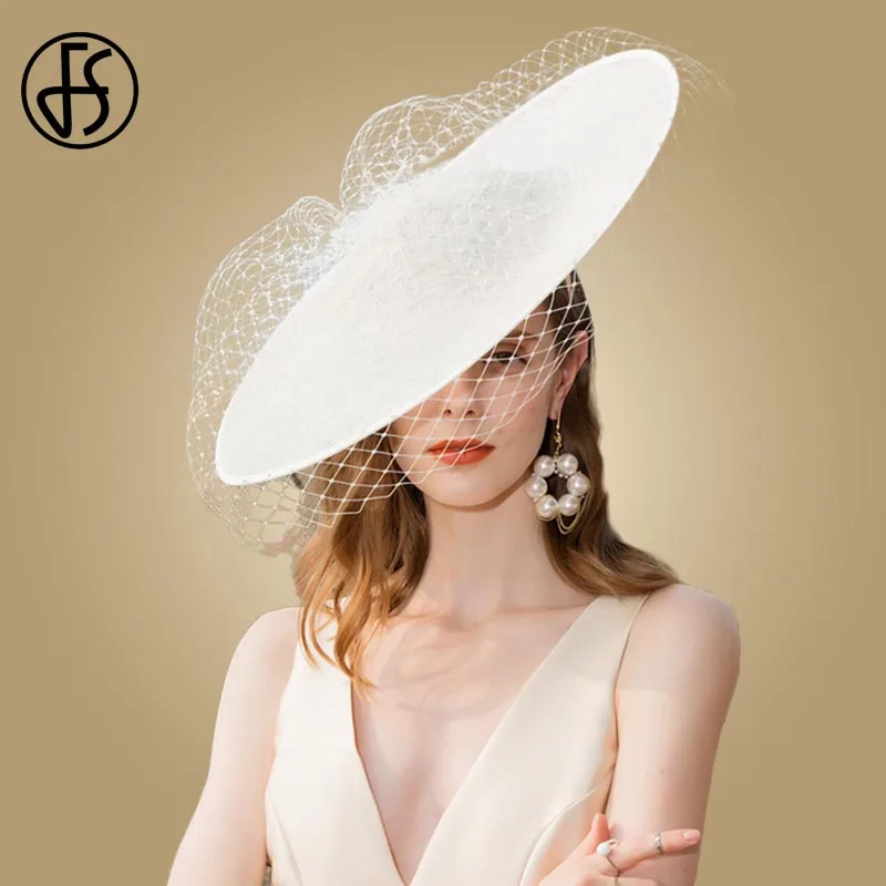 

FS Large Fascinators For Women Elegant Fedora Hats With Veil Beige White Church Lady Hat Wedding Sinamay Kentucky Derby Hats