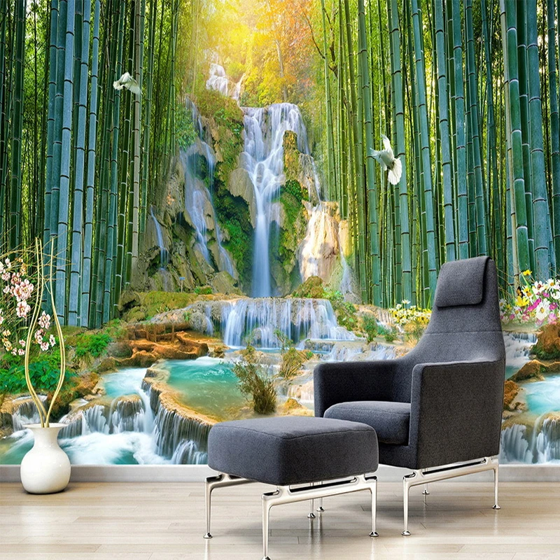 Custom Mural Wallpaper Bamboo Forest Waterfall 3D Scenery Background