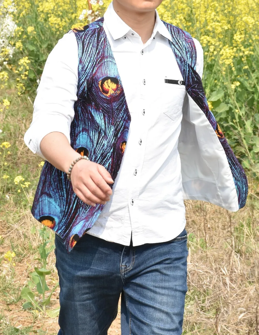

2019 Airtailors Designed Peacock feathers Style Camouflage Vest for Rustic Wedding Fashion Dress Vest Color Blue