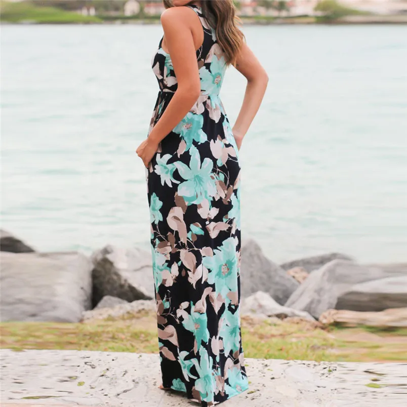 maxi dresses summer for women of sleeveless and floor-length flower printed dress long summer sexy beach dropshipping 40AT203