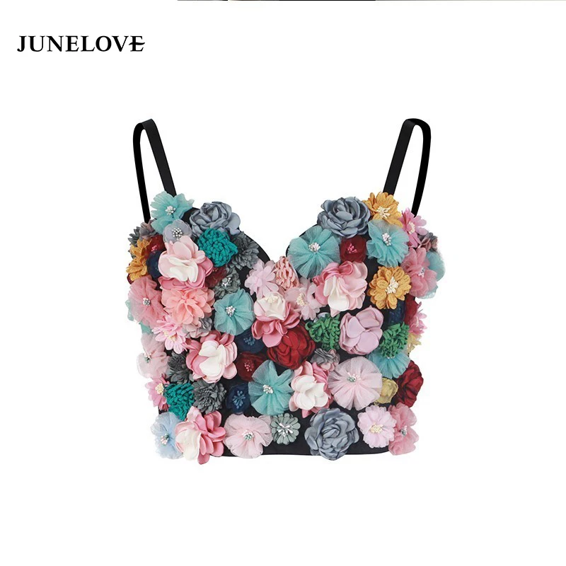 

JuneLove Flower Patchwork Sexy Women Vest Sleeveless Hit Colors Strapless Crop Top Female Casual Summer 2019 Fashion New Holiday