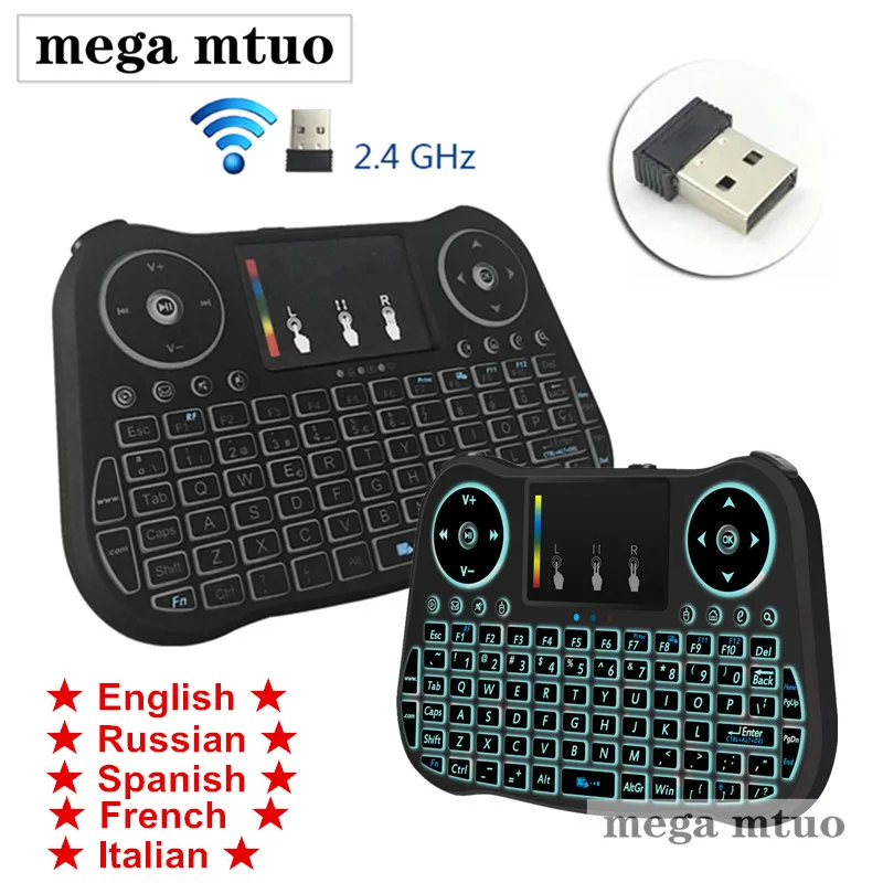 

English/Russian/Spanish 7 Colorful Backlight Mini Wireless Keyboard 2.4GHz Air Mouse Gaming Touchpad for Android TV BOX Laptop