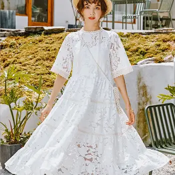 

O-Neck White Loose Long Dress Lace Summer Women Dresses Casual Maxi Sundress