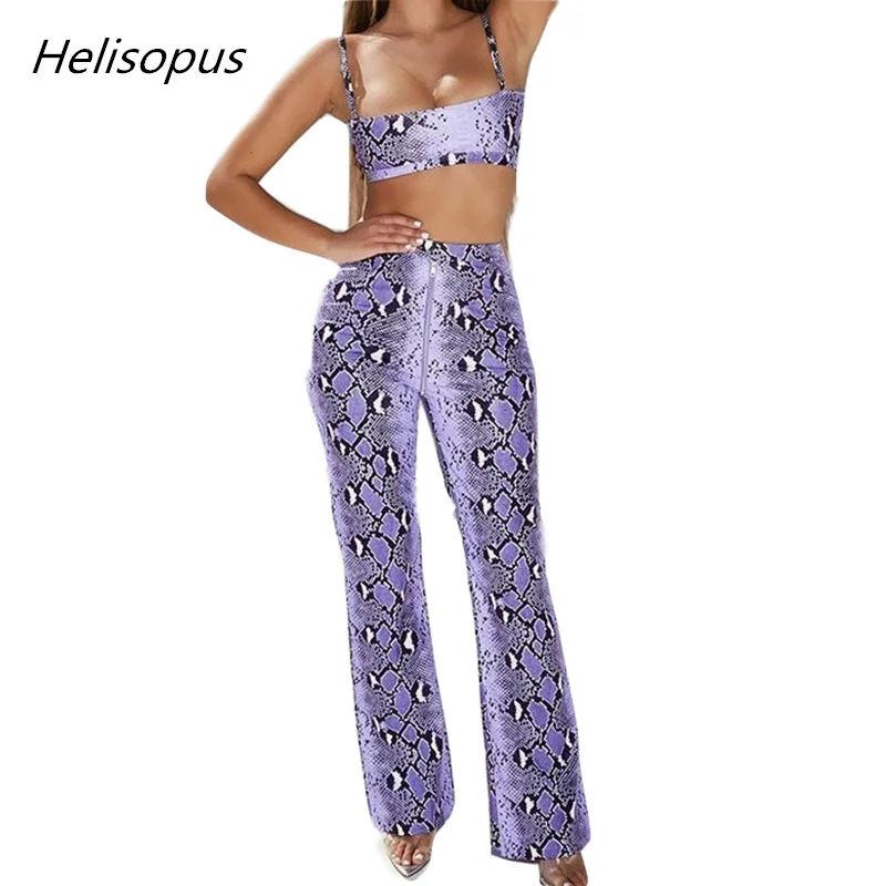 

Helisopus Snake Skin Print Sexy Two Piece Set Women Zipper Sleeveless Two Piece Set Top and Pants Women Matching Set
