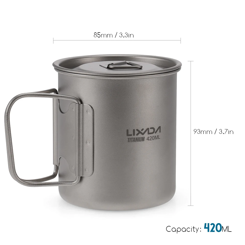 Lixada Ultralight Titanium Cup Pot Outdoor Portable Camping Picnic Water Cup Mug with Foldable Handle 300/350/420/550/650/750ml