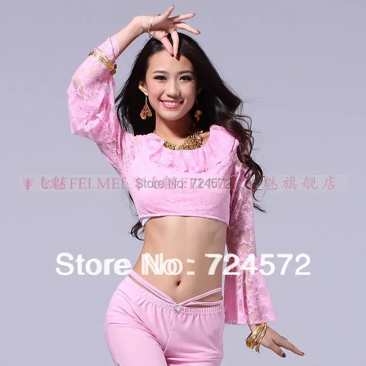 Стиль, китайская почта,, танцевальный костюм для танца живота, розовый кружевной топ с круглым вырезом и длинными рукавами и футболки, одежда для танца живота