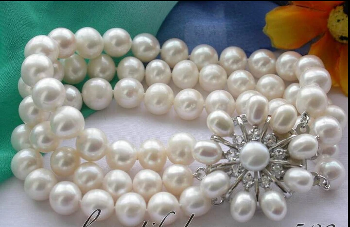 

Z3025 REAL 3row 8" 10mm white round freshwater pearl bracelet bang@^Noble style Natural Fine jewe SHIPPING 5.25