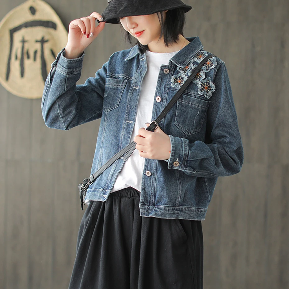 Для женщин джинсовая куртка Верхняя одежда для дам вышивка цветочный повседневное Мода весны 61029