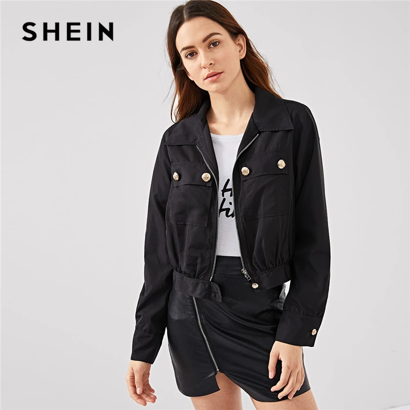 Buy SHEIN Black Highstreet Button Detail Pocket Front