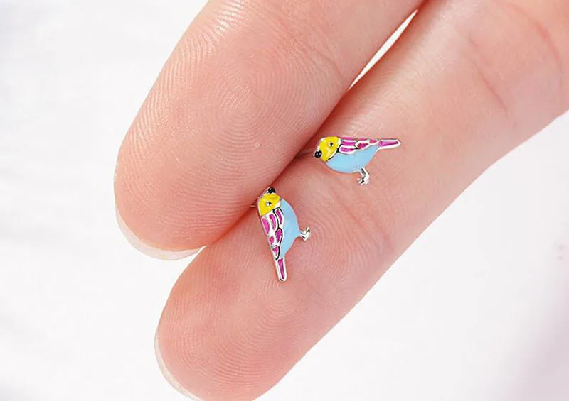 Cute 925 Sterling Silver Colorful Bird Stud Earrings For Kids Children Girl Lovely Animal Sterling-silver-jewelry