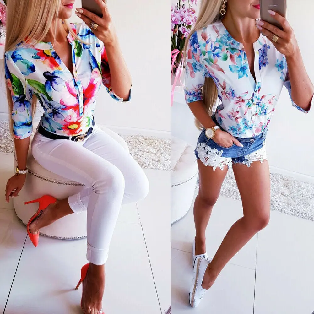 Women Long Half Sleeve Loose Shirts Shirt OL Clothes Plain Casual Button Blouse Office Lady Summer Chiffon Shirts