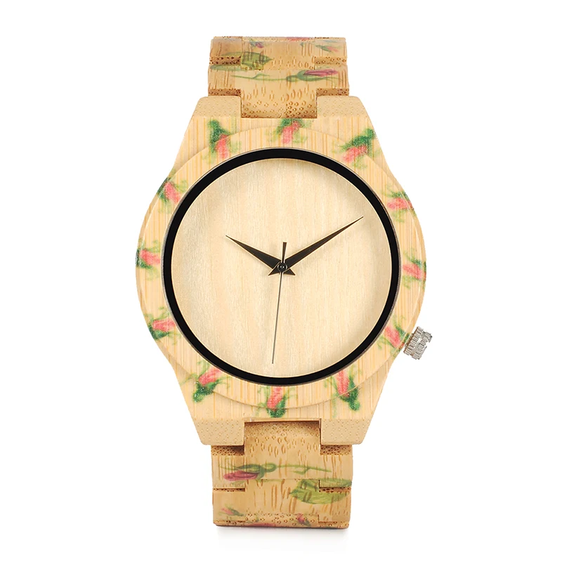 BOBO BIRD LD21 Handmade Men Watches Natural Bamboo Wooden Band Armbanduhr Printing Flowers Design Erkek Saat OEM