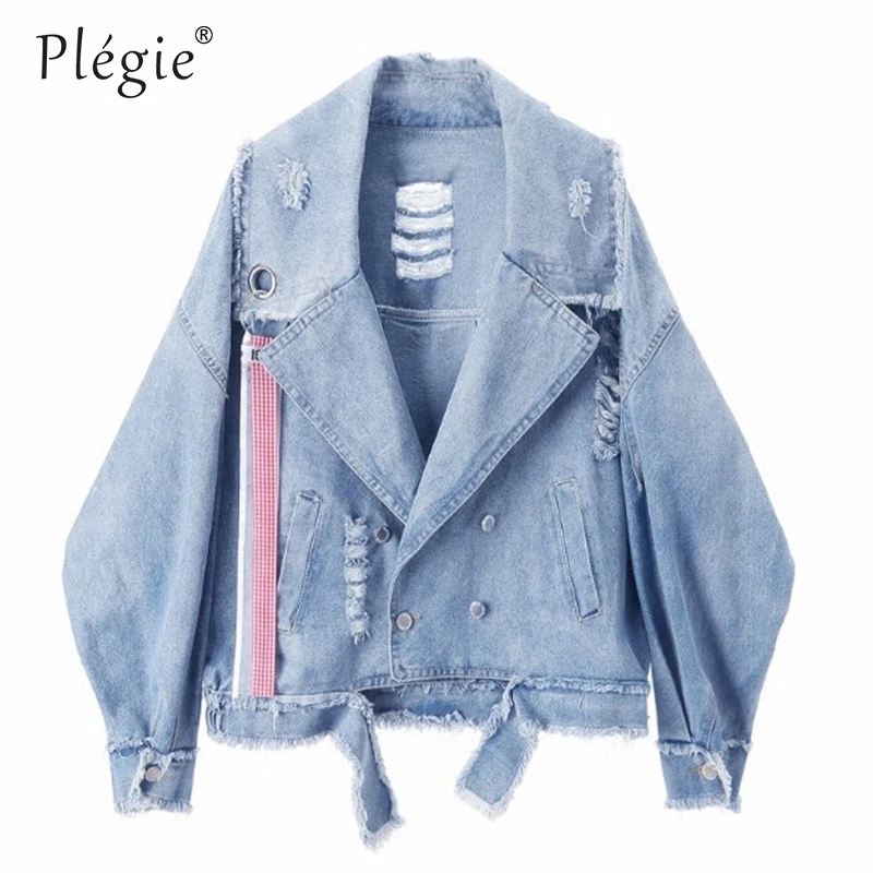 

Plegie Harajuku Oversized Denim Jacket 2019 Spring BF Style Loose Jeans Jacket Women Denim Coat Frayed Holes Denim Jacket