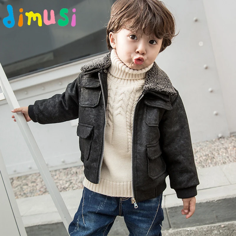 

DIMUSI Winter Boy's PU Leanther Jackets Children Fur Fleece Thick Clothing Fashion Parkas Kids Outerwear Leather Coats 8T,EA044