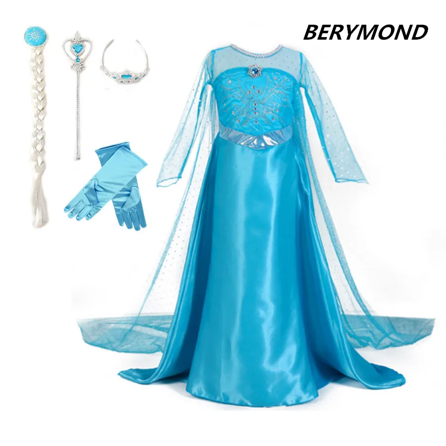 

3-12Y Girls Costume Blue Elsa Princess Party Dress with Crown Wand Glove Braid Halloween Christmas Cosplay Clothes Baby Girls