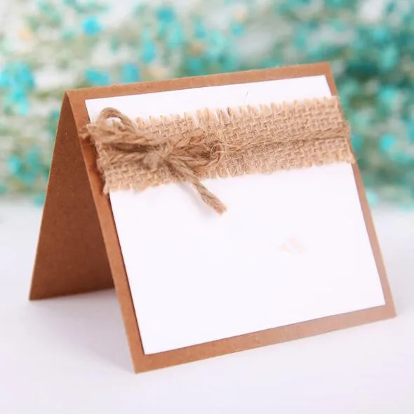 

Free Shipping 20pcs/lot Kraft Table Name Place Card With Linen Cloth And Hemp Rope Decoration