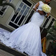 Иллюзия с длинным рукавом африканские Свадебные платья Русалка Кружева Аппликация Труба Свадебные платья развертки поезд Свадебные платья